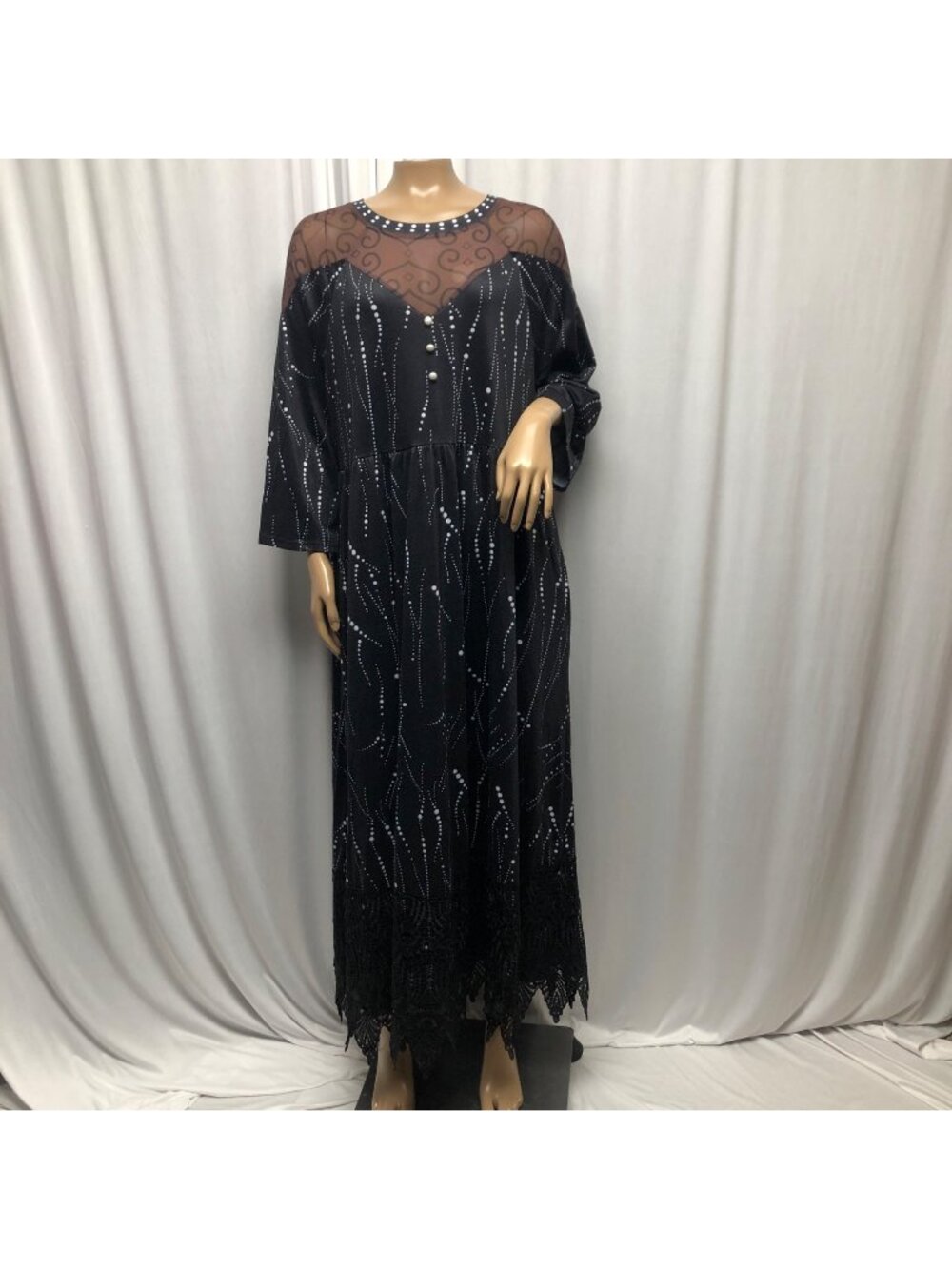 Hekka Black Maxi Dress Womens XL Sheer Mesh Neck Lace Hem Witchy Whimsigoth NEW